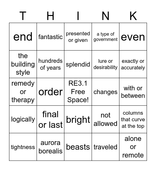 RE 3.1 Vocabulary Unit 5 Bingo Card