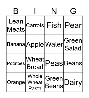 Nutrition Bingo Card