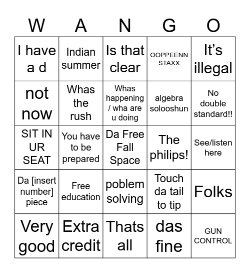 Classwork 8-2 Bingo Card