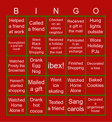 Holiday Bingo-Week One Bingo Card