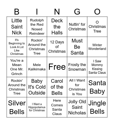 Holiday Songs Bingo Card