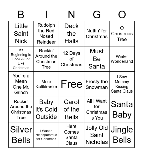 Holiday Songs Bingo Card