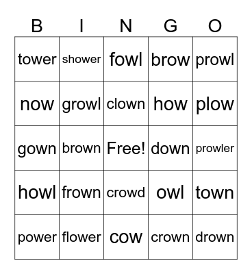 "ow" as in clown Bingo Card