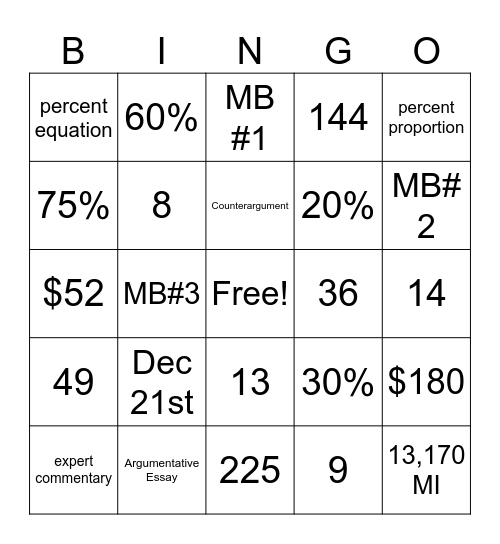 Math Bingo 12/1/23 Bingo Card