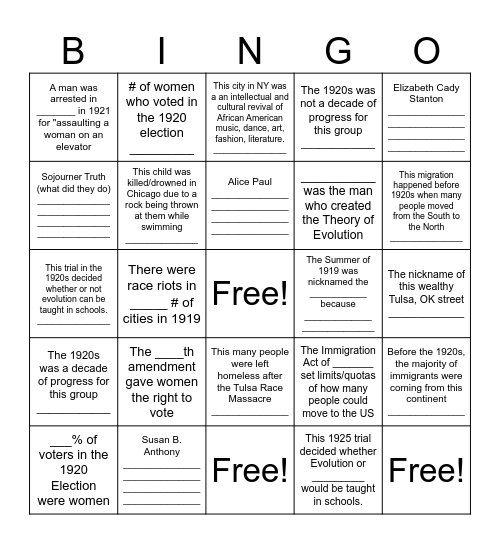 1920s Bingo Card