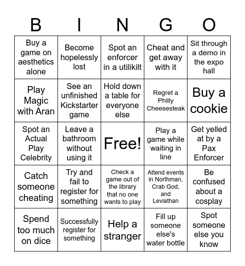 Pax Unplugged Bingo Card