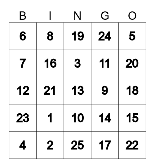 Number Bingo Card