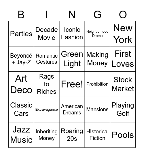 The Great Gatsby Bingo Card