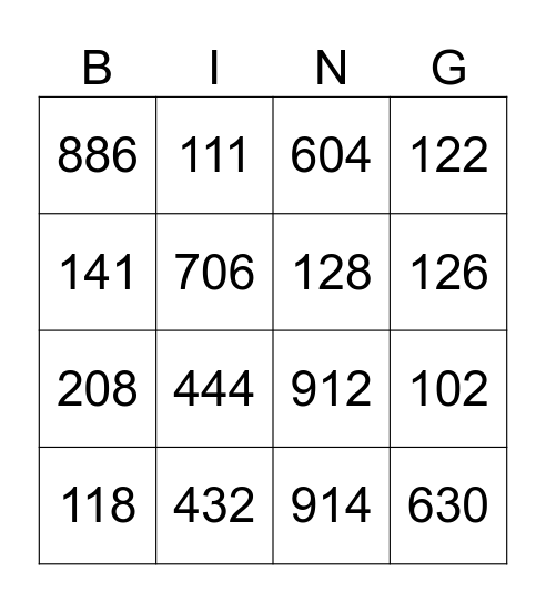 3 digit numbers Bingo Card