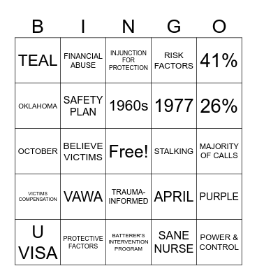 Domestic Violence Awareness Bingo Card