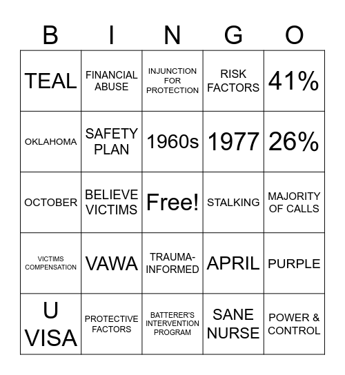 Domestic Violence Awareness Bingo Card