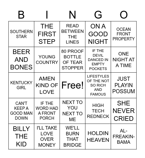 2- COUNTRY HITS Bingo Card