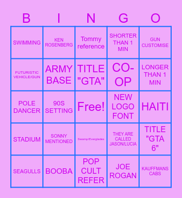 GTA TRAILER Bingo Card