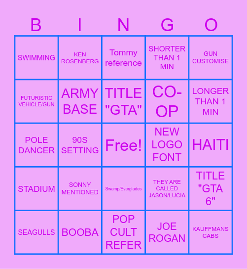 GTA TRAILER Bingo Card