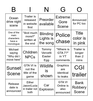 GTA VI Trailer Bingo Card