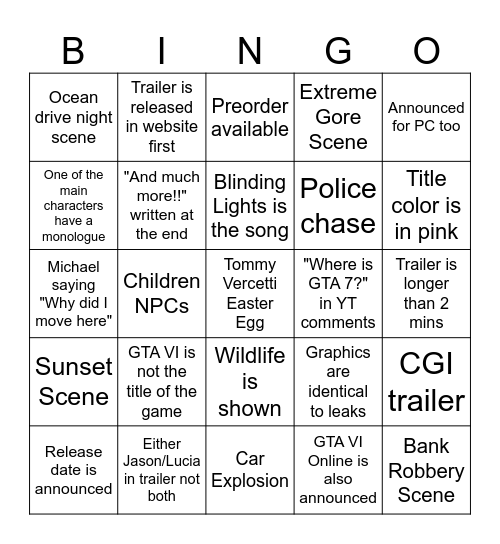 GTA VI Trailer Bingo Card