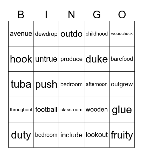 Long oo, Short oo Bingo Card