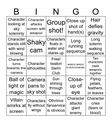 Anime Opening Bingo Card