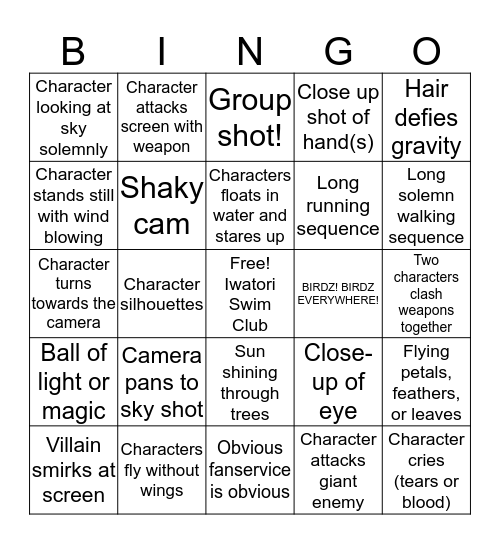 Anime Opening Bingo Card