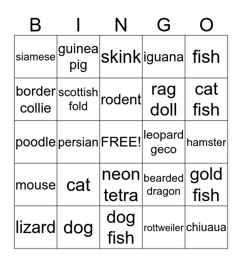 S.P.C.A ANIMAL BINGO Card