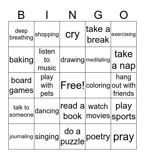 Coping Strategies Bingo Card