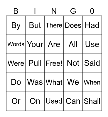 Sight Words Bingo Card