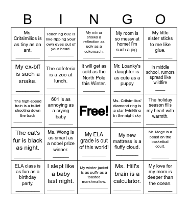 Simile and Metaphor Bingo Card