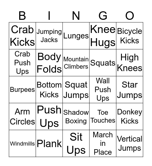 Fitness Bingo Card