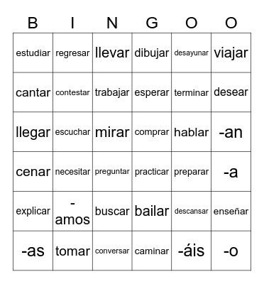 -AR VERBS Bingo Card