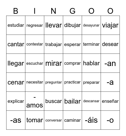 -AR VERBS Bingo Card