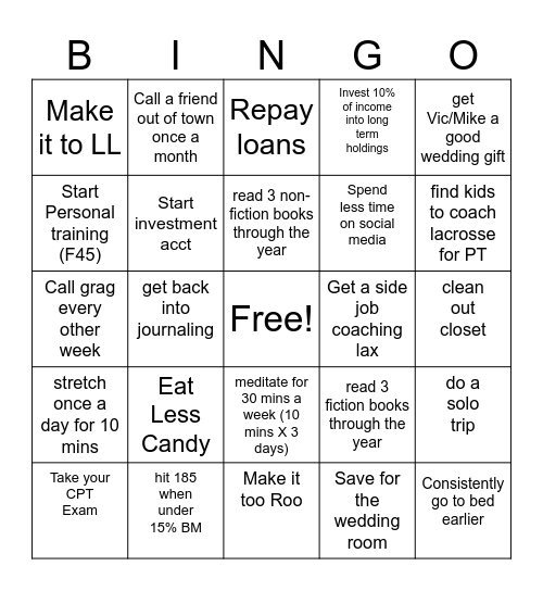 Michael's Goals Bingo Card