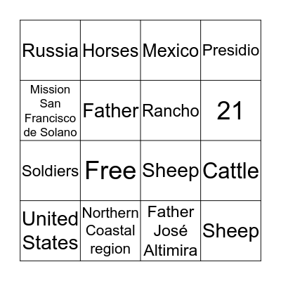 Mission San Francisco de Solano Bingo Card