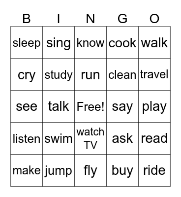 Verbs Bingo Card