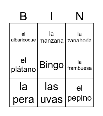 Fruta y verdura Bingo Card
