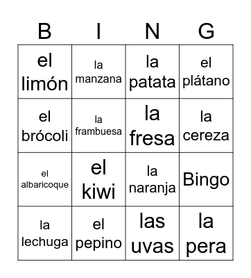 Fruta y verdura Bingo Card
