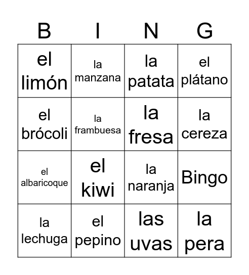 Fruta y verdura Bingo Card