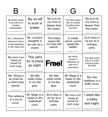 Simile and Metaphor Bingo Card