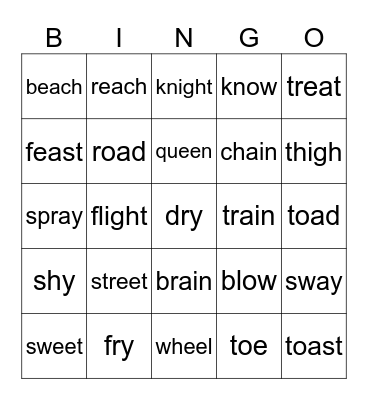 vowel teams ai, ay, ee, ea, oa, ow ,oe, igh, y Bingo Card