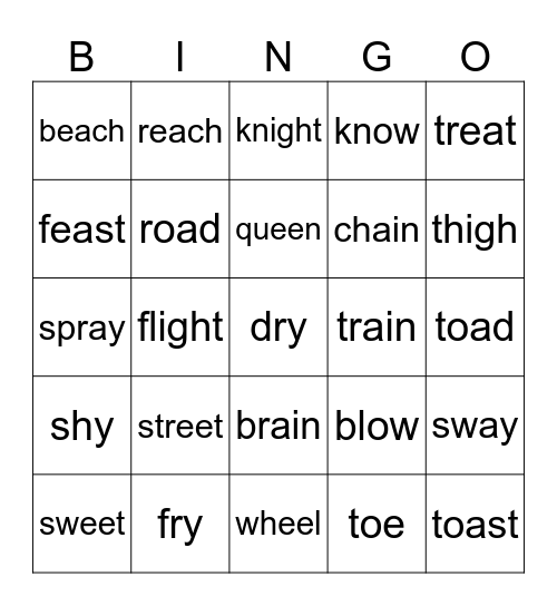 vowel teams ai, ay, ee, ea, oa, ow ,oe, igh, y Bingo Card