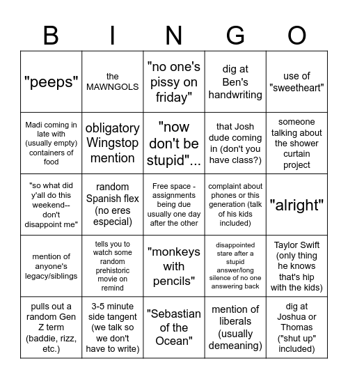 Miller Bingo Card