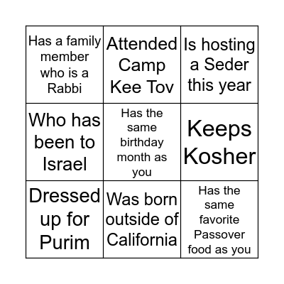 The Tribe Hosts Shabbat Bingo Card