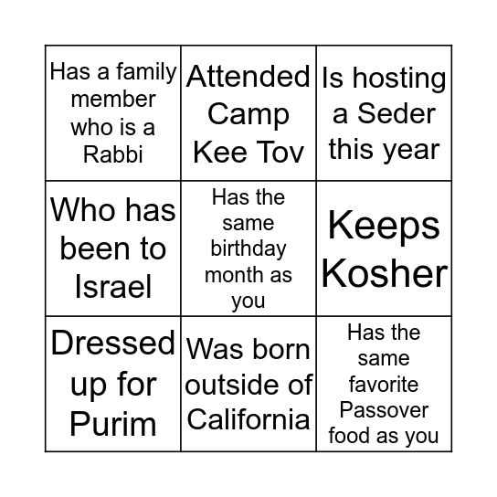The Tribe Hosts Shabbat Bingo Card