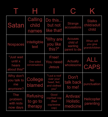 Insane Parents Bingo Card