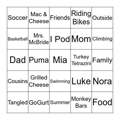 Mia's 6th Birthday Party Bingo Card