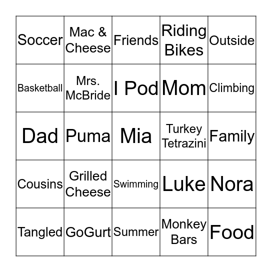 Mia's 6th Birthday Party Bingo Card