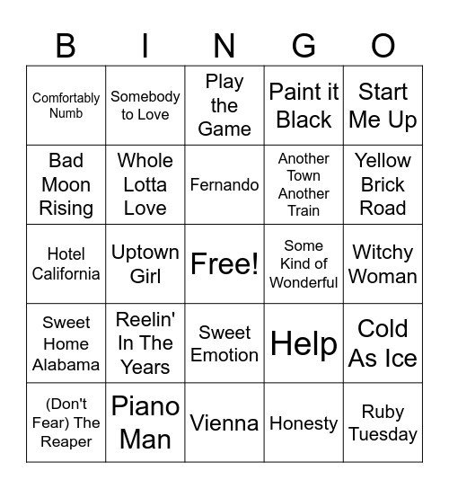 Classic Rock Bingo Card