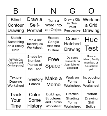 Art Bingo Week 15 & 16 Bingo Card