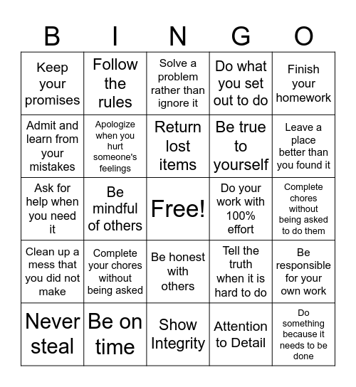 Honesty and Integrity Bingo Card
