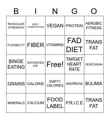 Unit 6 Nutrition and Fitness Bingo Card