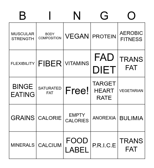 Unit 6 Nutrition and Fitness Bingo Card